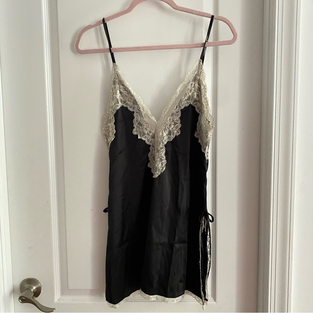 Black slip dress with white lace